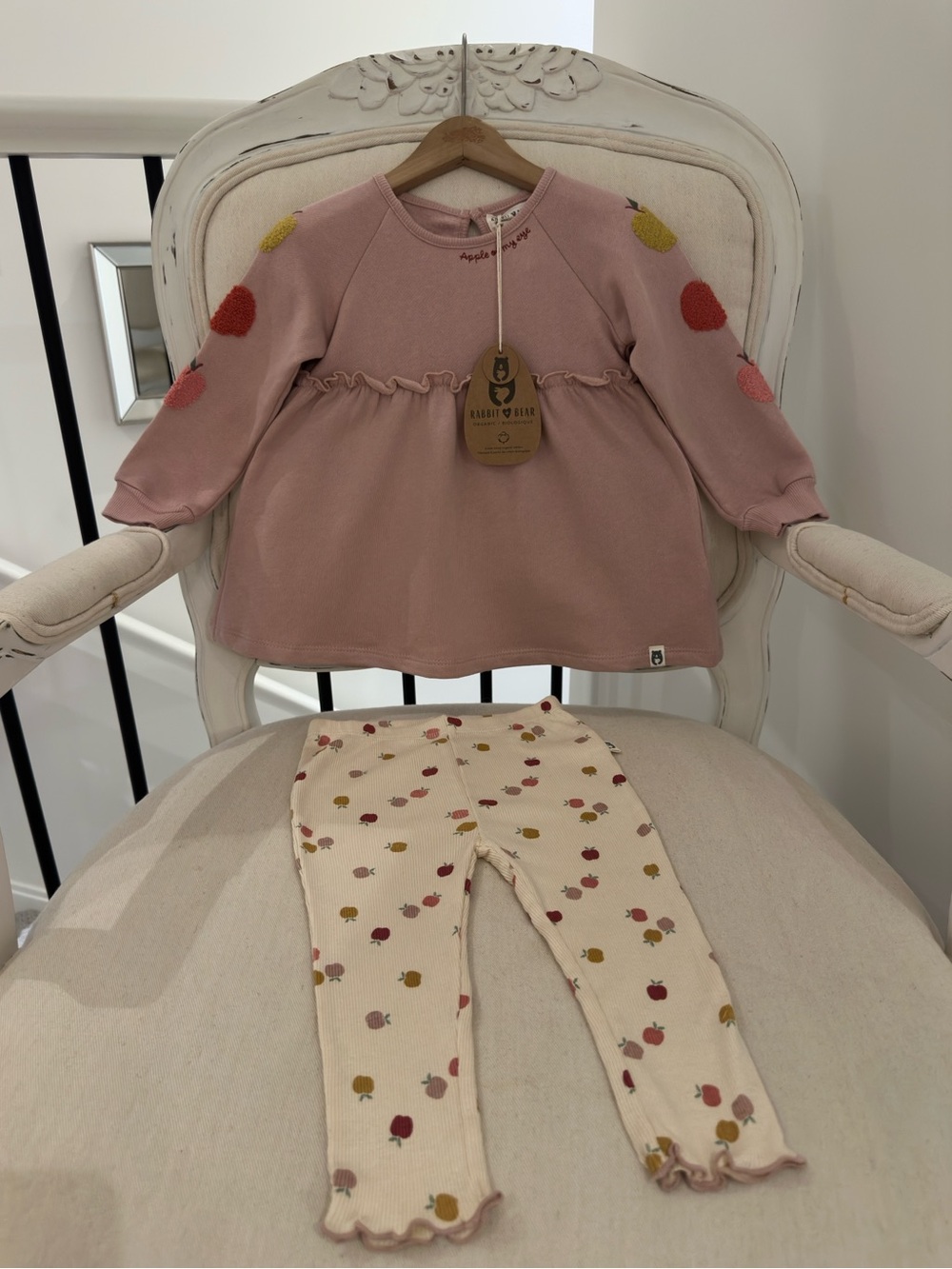 🍎 24 Mth Organic Cotton Dusty Rose & Cream Embroidery Boucle Apple Dress Set NWT